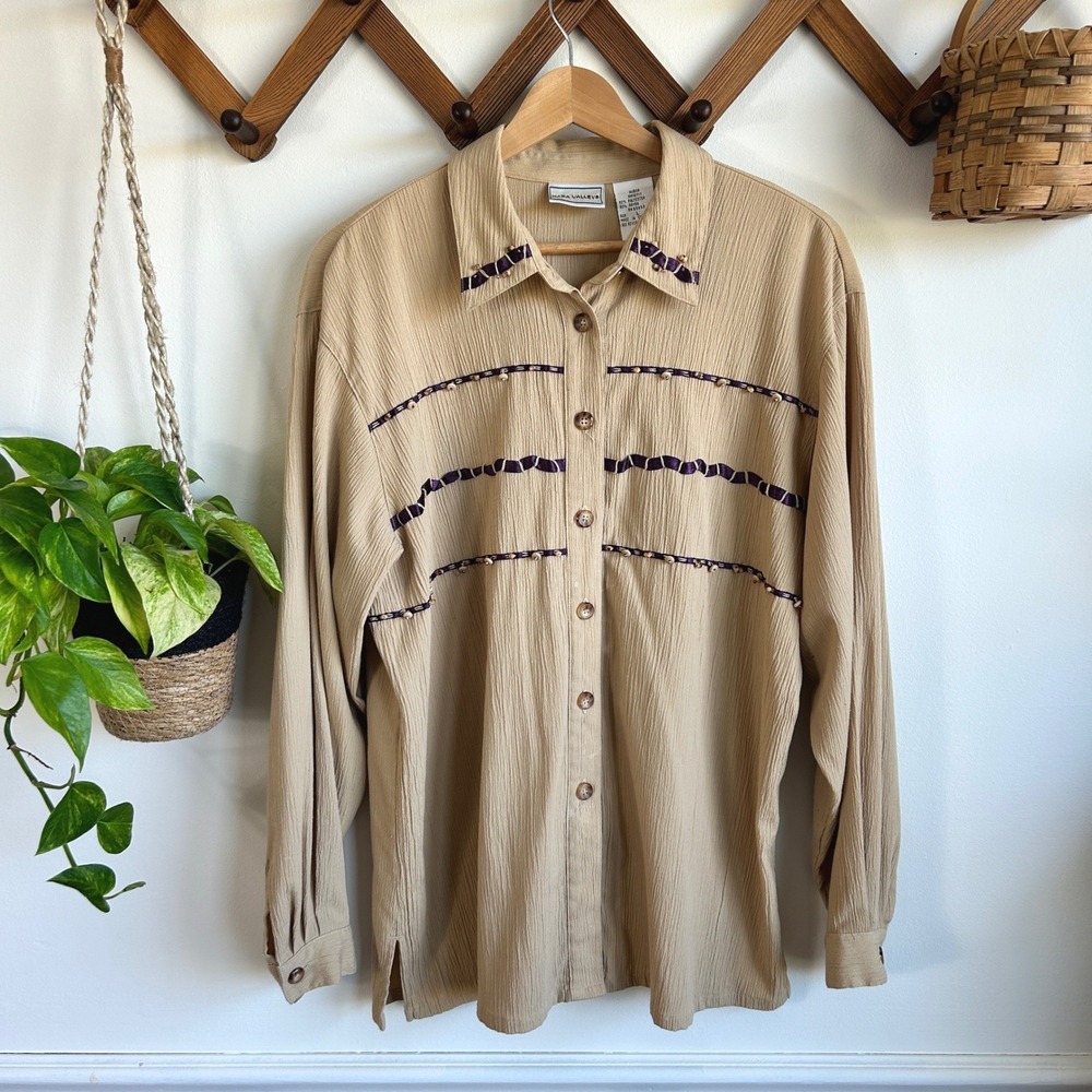Vintage Napa Valley Tan Crinkle Button Down Shirt Purple Ribbon Beaded Detail
